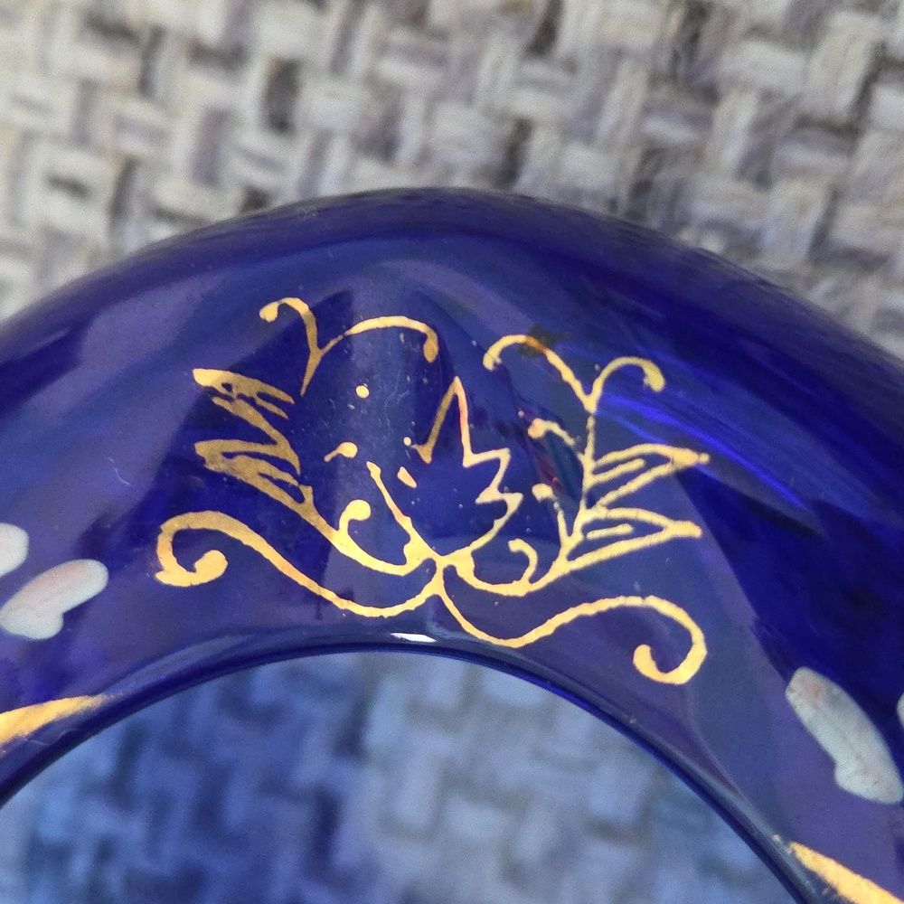 Hand-Painted Floral Cobalt Blue Glass Trinket Dish/Bowl/Ashtray Czech - Picture 7 of 13